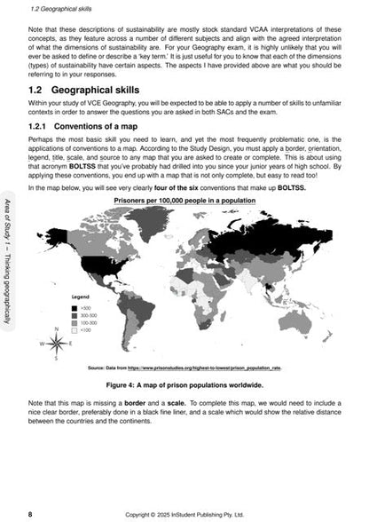 White page of Course Notes by ATAR Notes displaying text on geographical skills and a grayscale world map of prison populations.