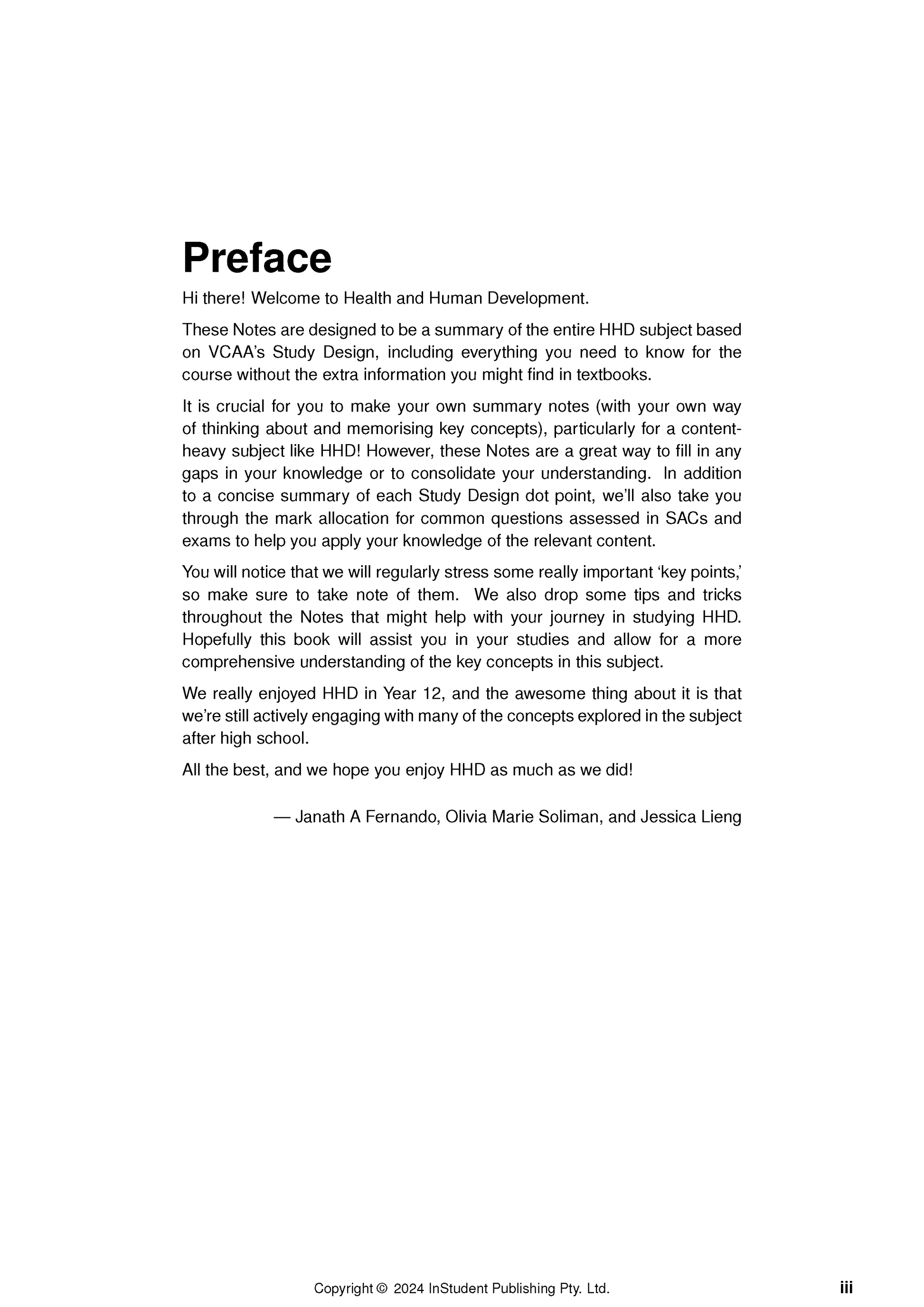 Preface page from VCE Health and Human Development Course Notes by ATAR Notes, displaying introductory text and author names.