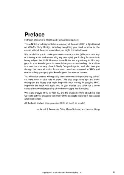 Preface page from VCE Health and Human Development Course Notes by ATAR Notes, displaying introductory text and author names.