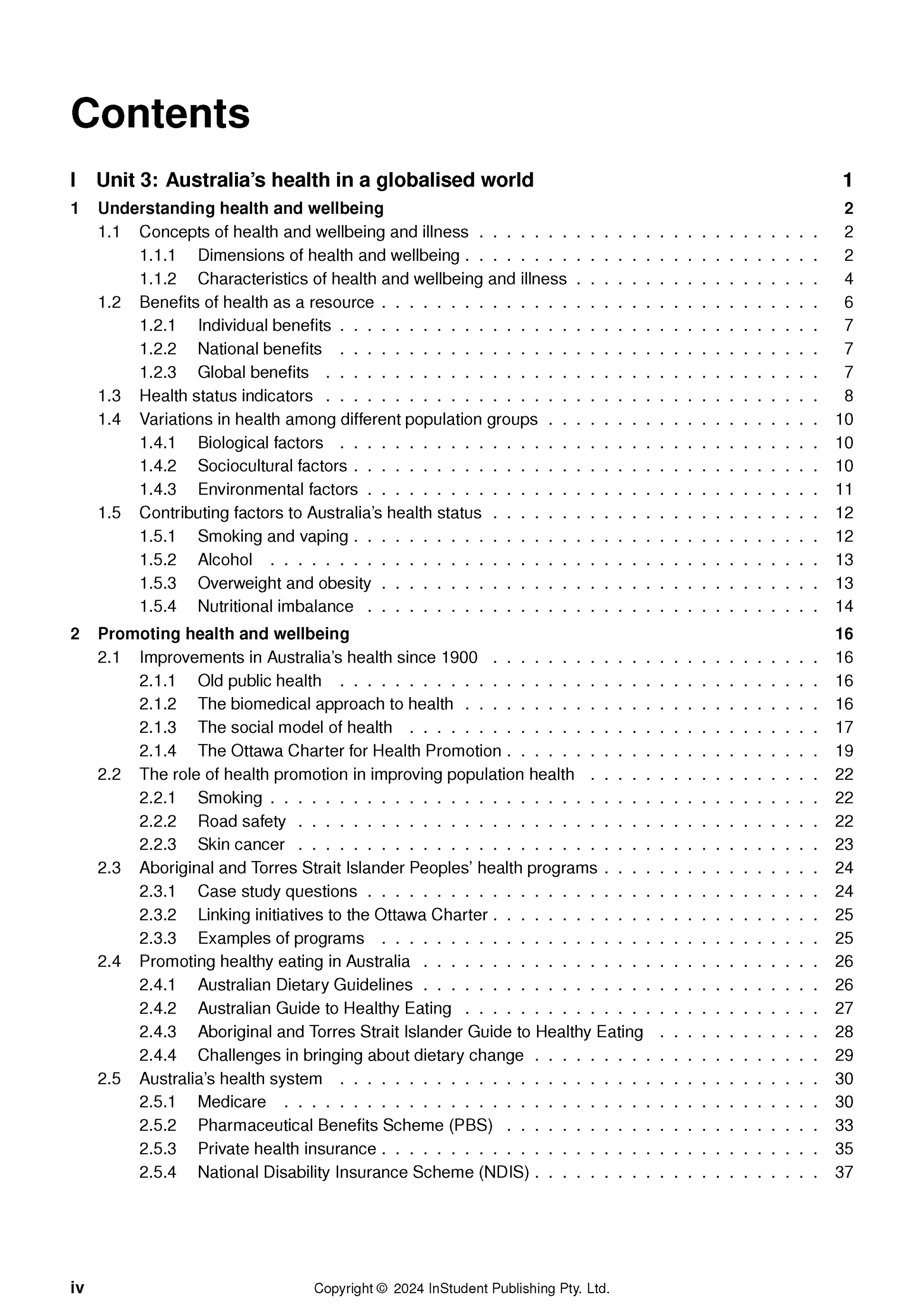 Contents page from Health and Human Development course notes by ATAR Notes, showing black text and numbered sections on a white background.