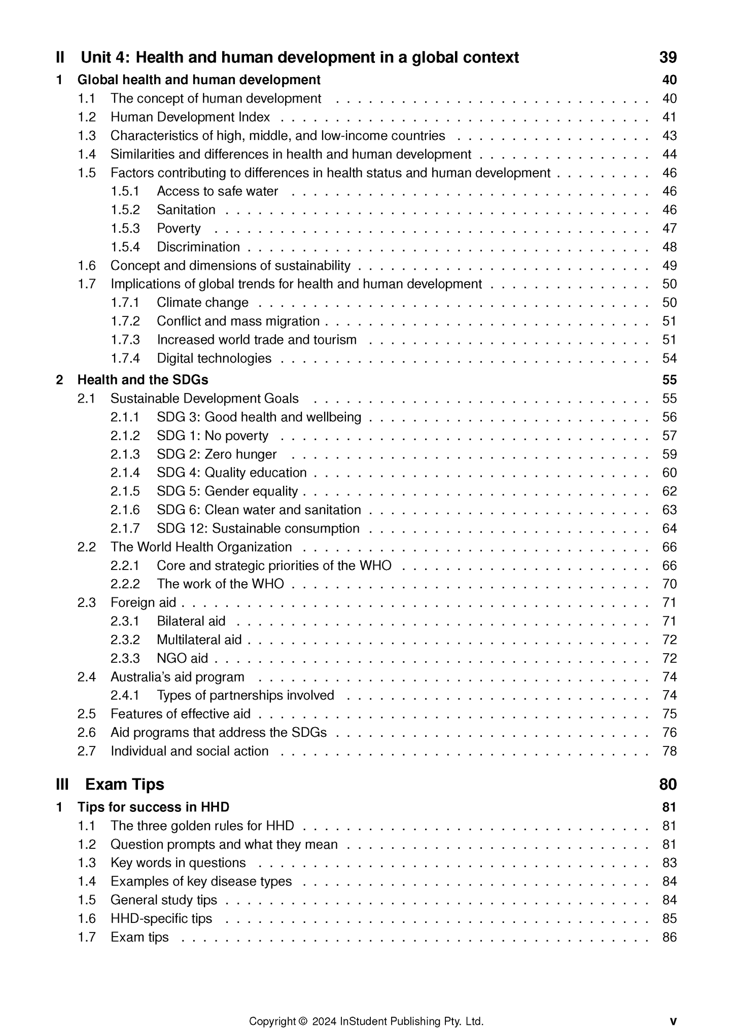VCE Health and Human Development course notes by ATAR Notes, showing a table of contents for Units 4, SDGs, and Exam Tips.