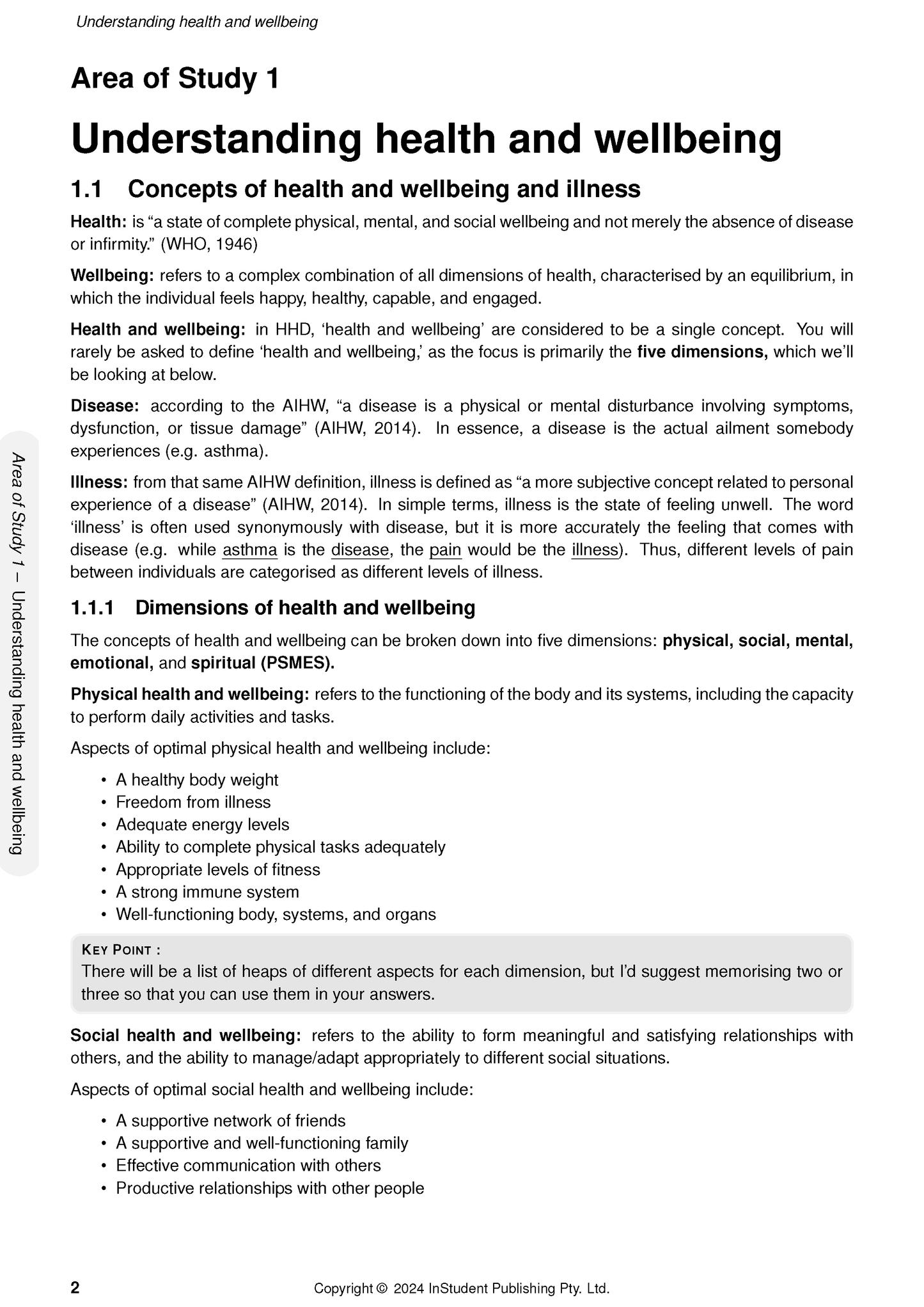 White page of Course Notes by ATAR Notes, displaying definitions for health and wellbeing, and aspects of physical and social health.