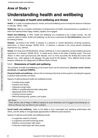 White page of Course Notes by ATAR Notes, displaying definitions for health and wellbeing, and aspects of physical and social health.