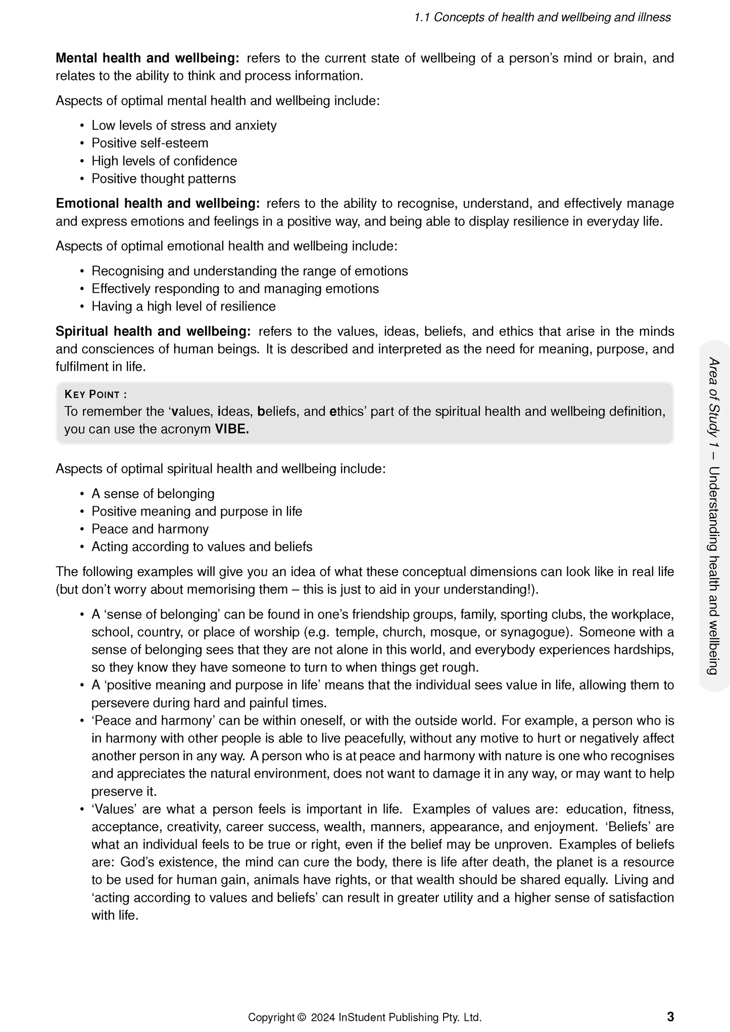 Course notes page with definitions of health and wellbeing by ATAR Notes, showing text, bullet points, a KEY POINT box, and a side tab.
