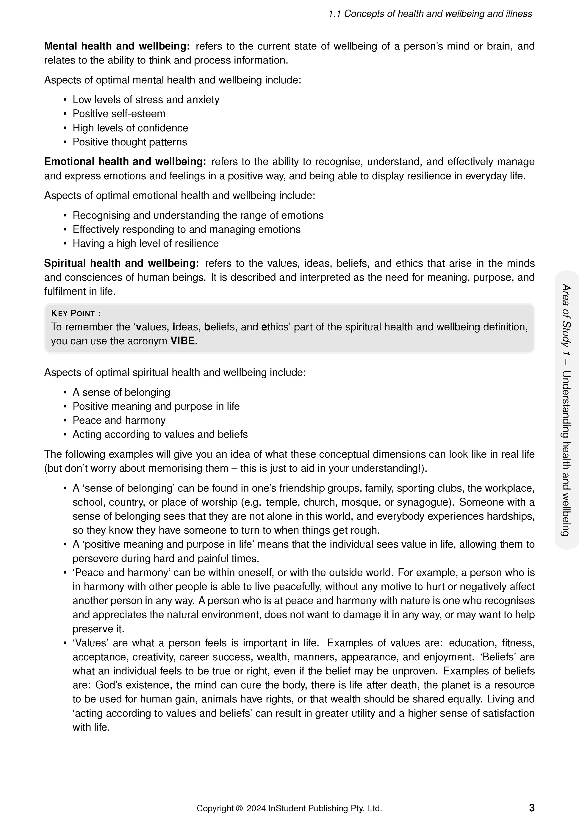 Course notes page with definitions of health and wellbeing by ATAR Notes, showing text, bullet points, a KEY POINT box, and a side tab.