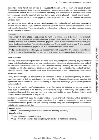 Course notes page by ATAR Notes, showing content on health concepts, dynamic and subjective nature, and a marking scheme.