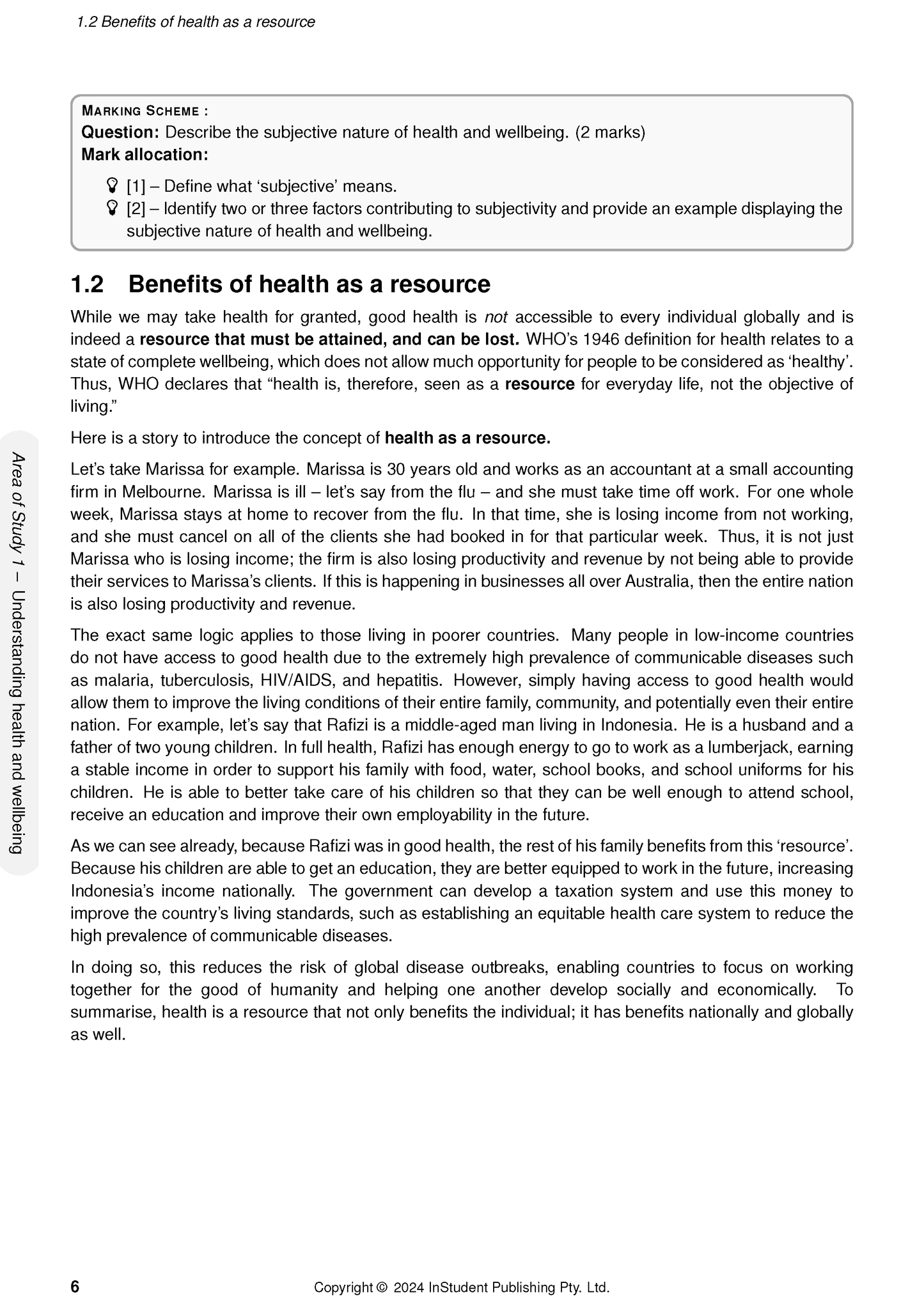 White course notes page by ATAR Notes showing "Benefits of health as a resource" title and a marking scheme box.