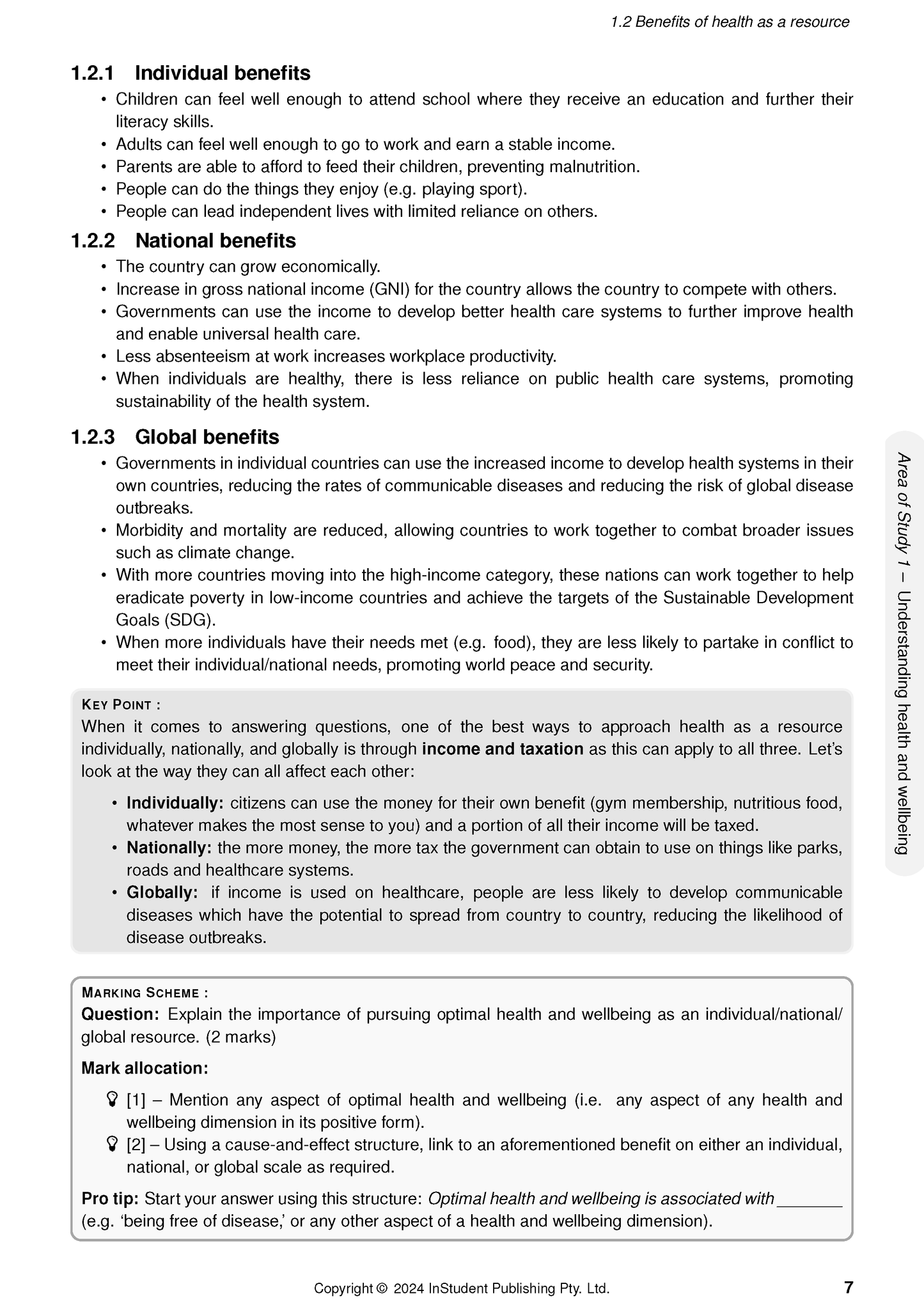 White course notes by ATAR Notes, showing page 7 detailing 'Benefits of health as a resource' and 'Marking Scheme' for Health and Human Development.