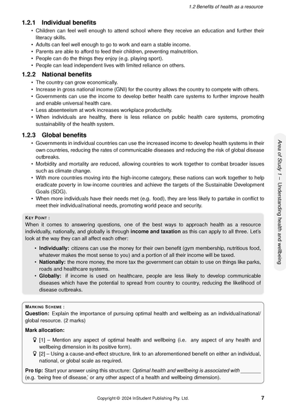 White course notes by ATAR Notes, showing page 7 detailing 'Benefits of health as a resource' and 'Marking Scheme' for Health and Human Development.