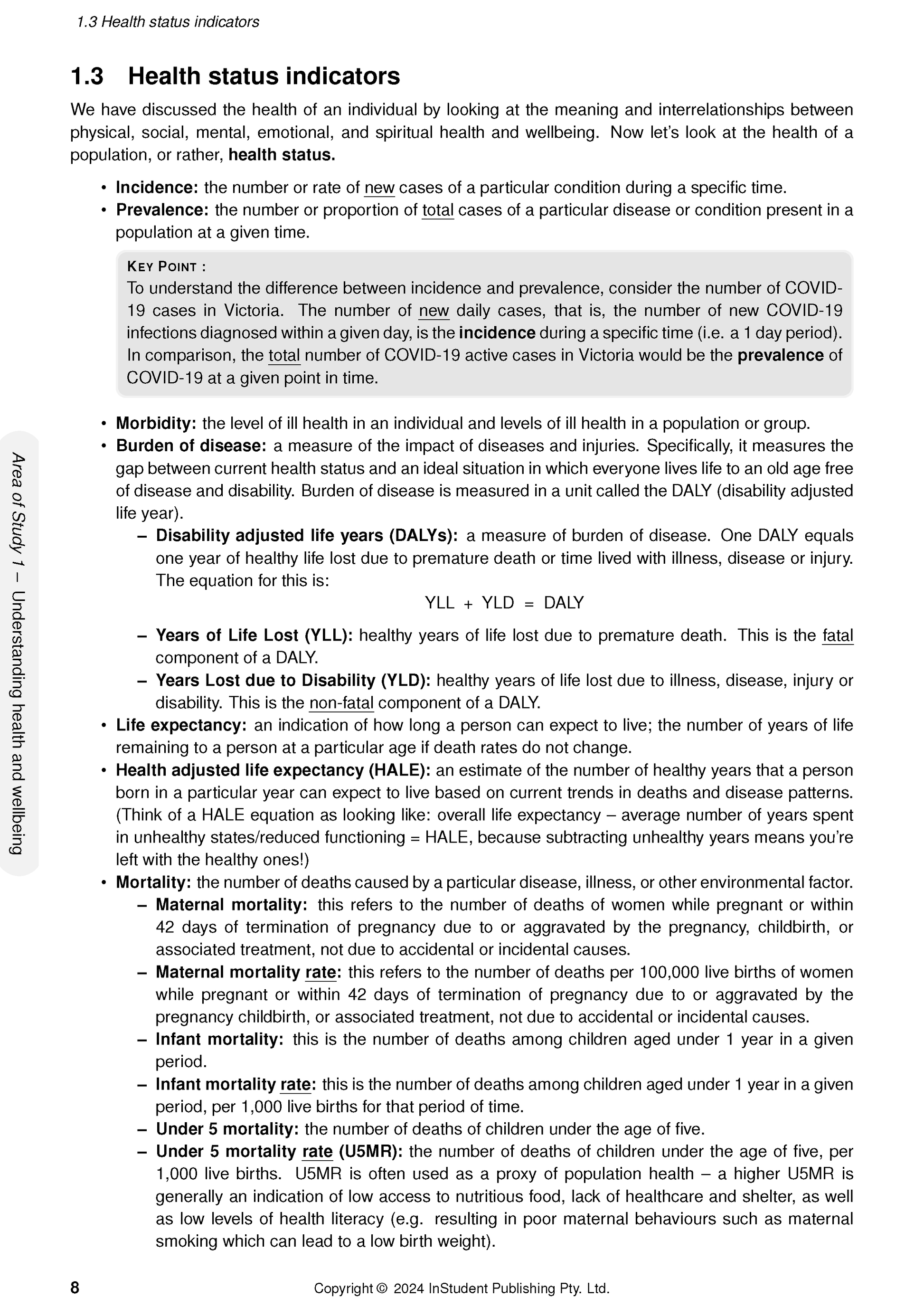 VCE Health and Human Development course notes by ATAR Notes, open to a page detailing health status indicators.