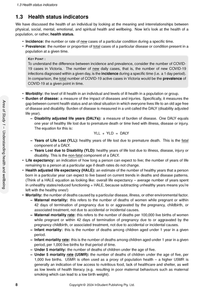 VCE Health and Human Development course notes by ATAR Notes, open to a page detailing health status indicators.