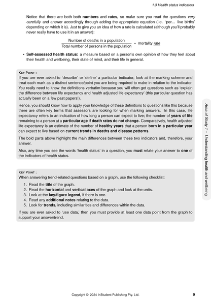 Educational course notes by ATAR Notes, open to a page discussing health status indicators with text, formulas, and checklists.