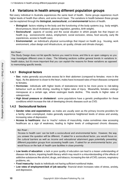 Course Notes by ATAR Notes, displaying page 10 titled "1.4 Variations in health among different population groups", featuring text and key points.