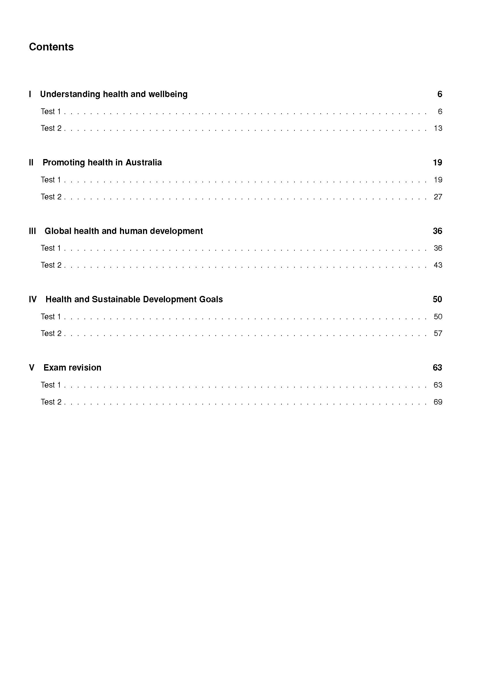 Printed Topic Tests by ATAR Notes, showing a table of contents with academic sections and page numbers.