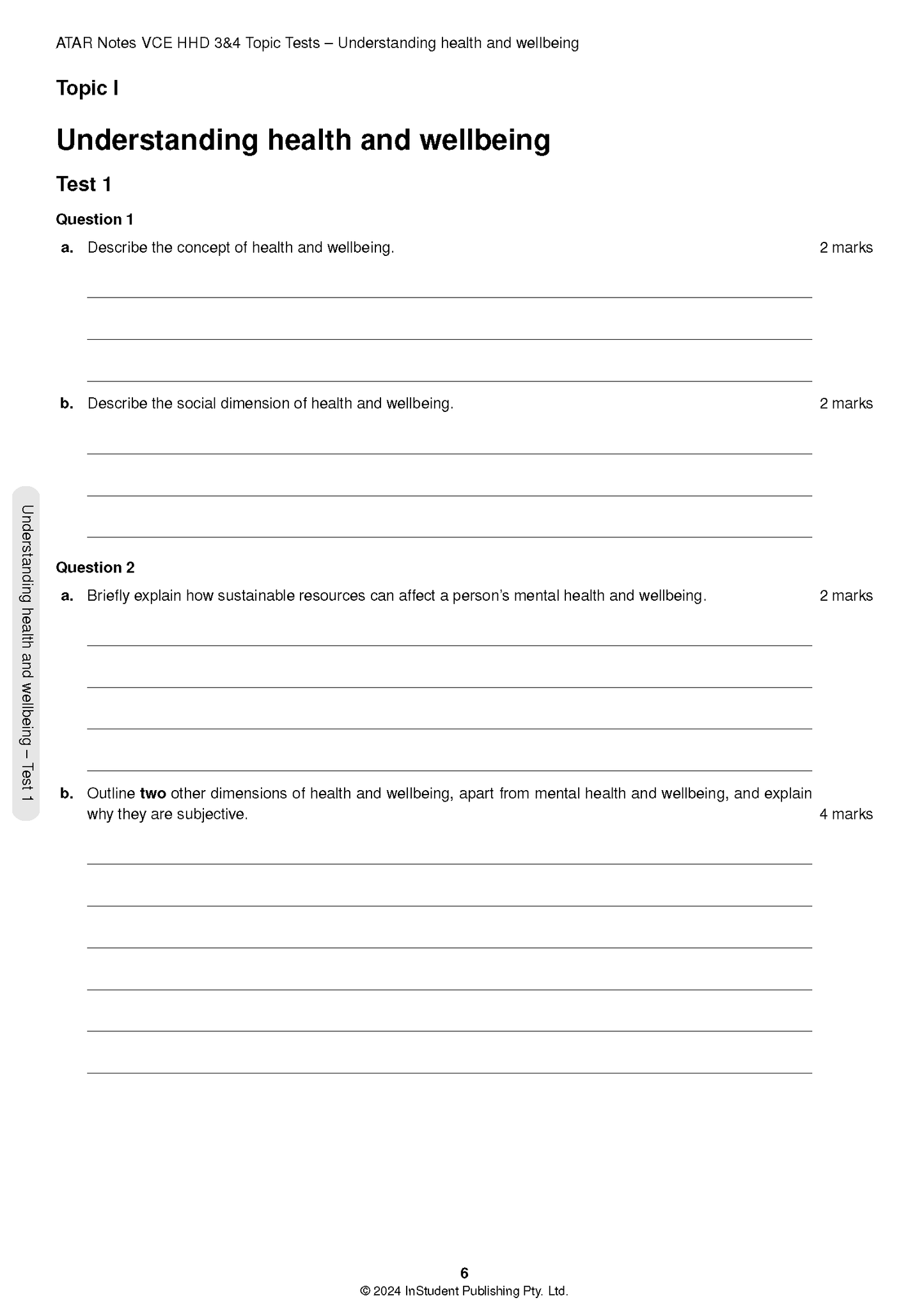 Topic test by ATAR Notes showing page 6 from the 'Understanding health and wellbeing' section, featuring questions and answer lines.