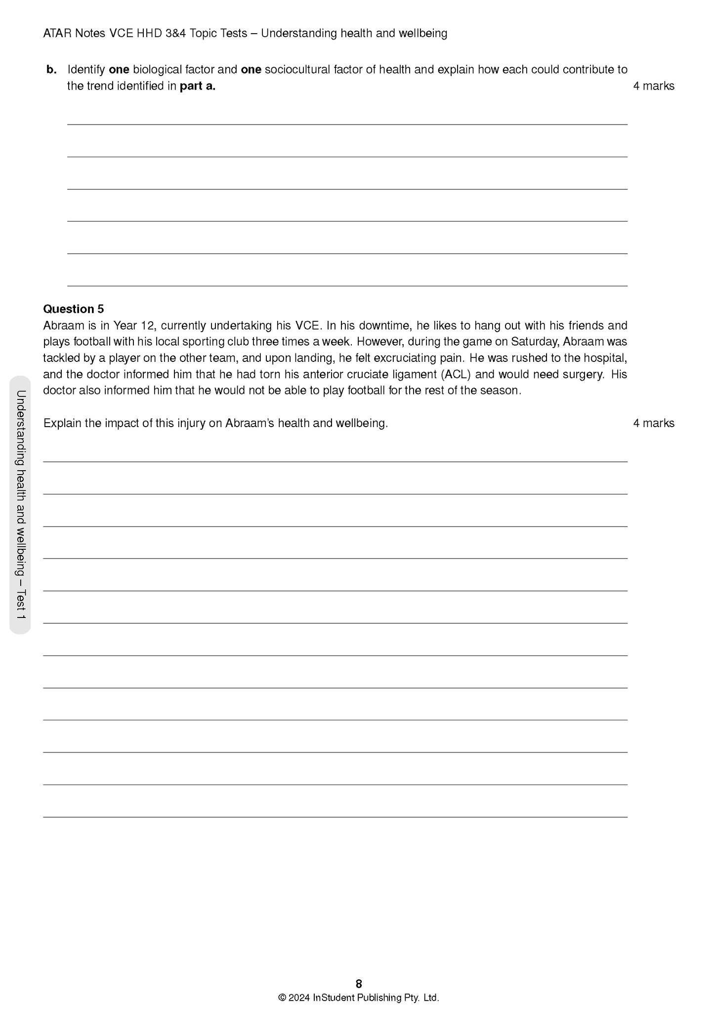VCE Health and Human Development Topic Tests booklet by ATAR Notes, showing questions and blank answer lines on a white page.