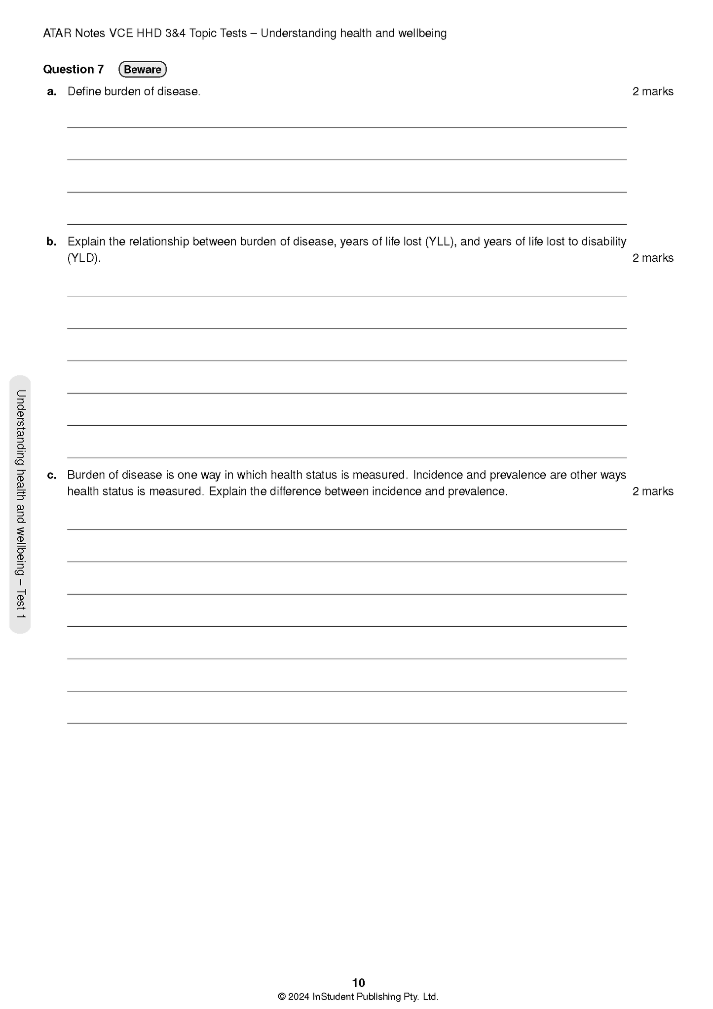 VCE Health and Human Development 3&4 Topic Tests by ATAR Notes, displaying a white test page with black questions.