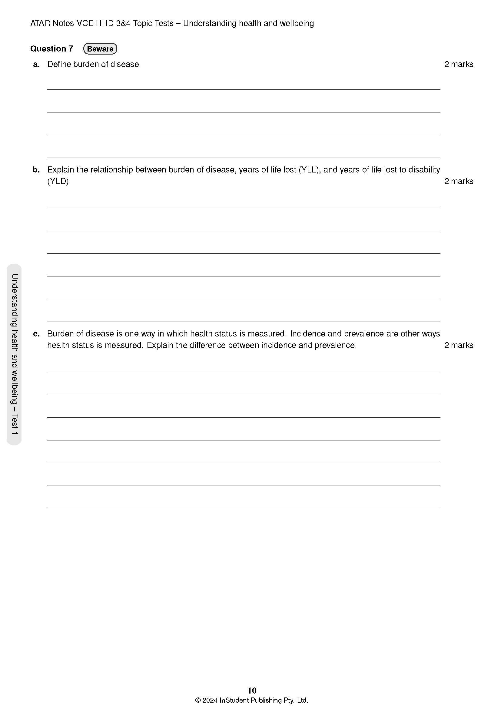 VCE Health and Human Development 3&4 Topic Tests by ATAR Notes, displaying a white test page with black questions.