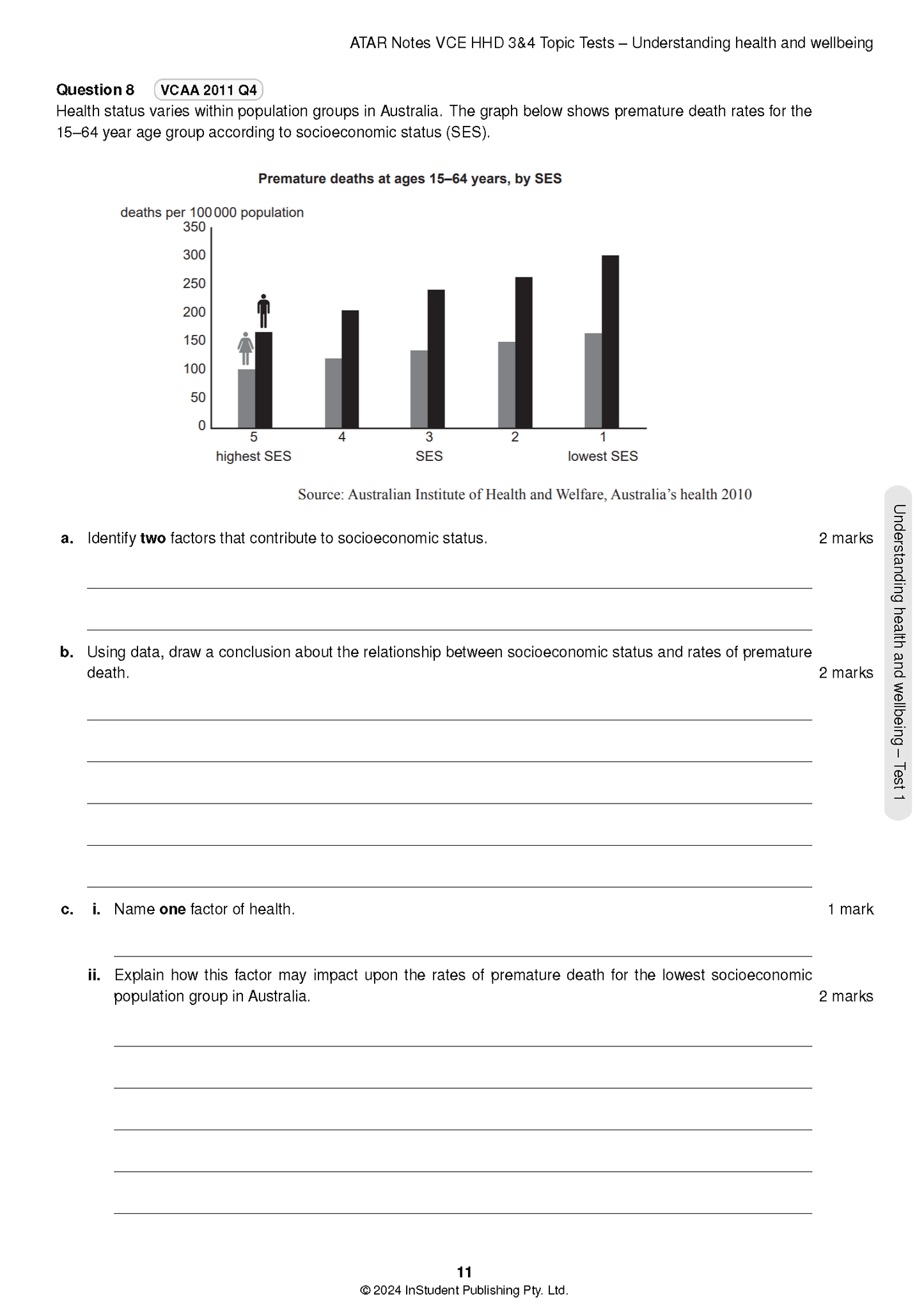 Topic tests for VCE Health and Human Development 3&4 by ATAR Notes, displaying a page with a bar graph and questions.