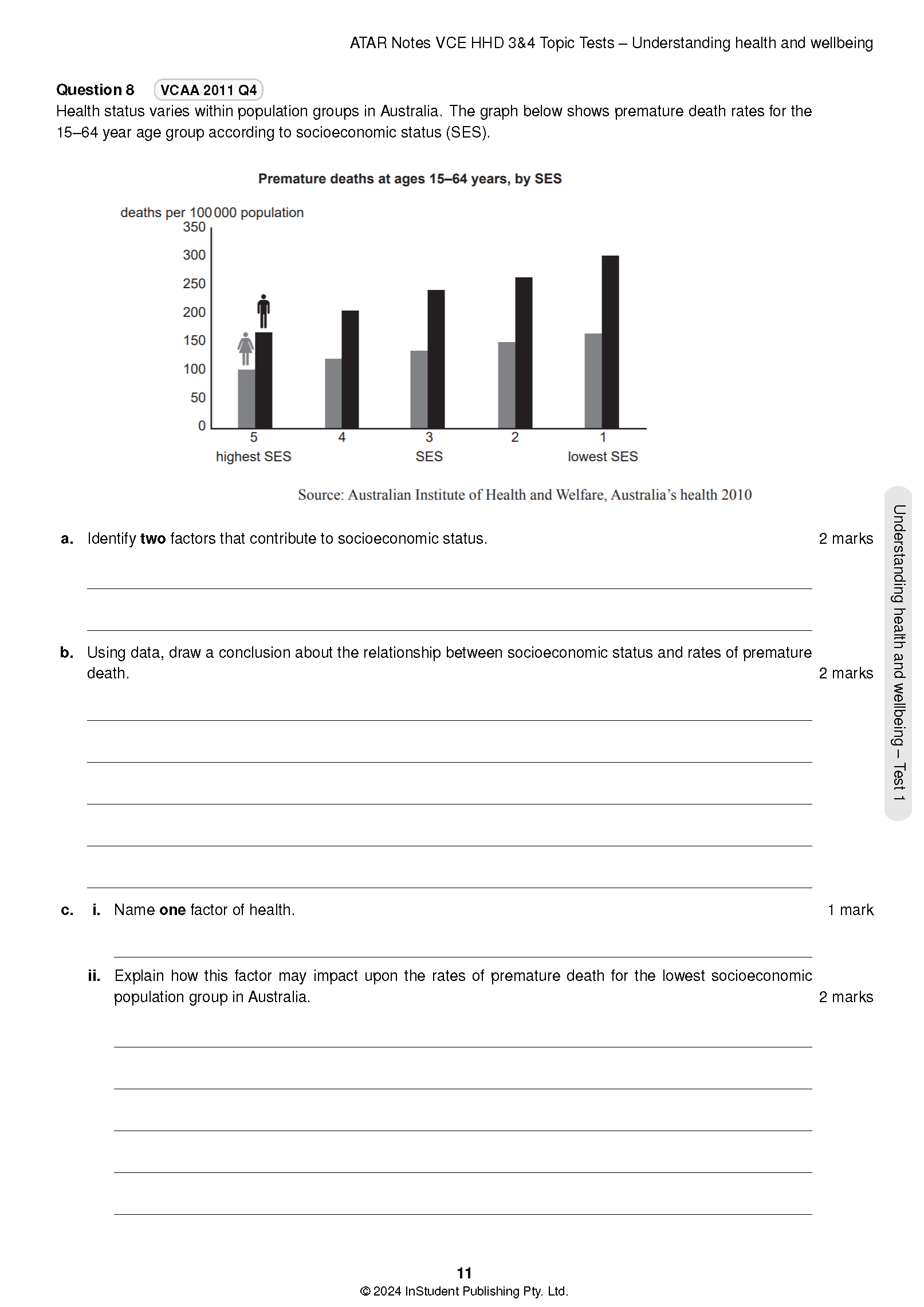 Topic tests for VCE Health and Human Development 3&4 by ATAR Notes, displaying a page with a bar graph and questions.