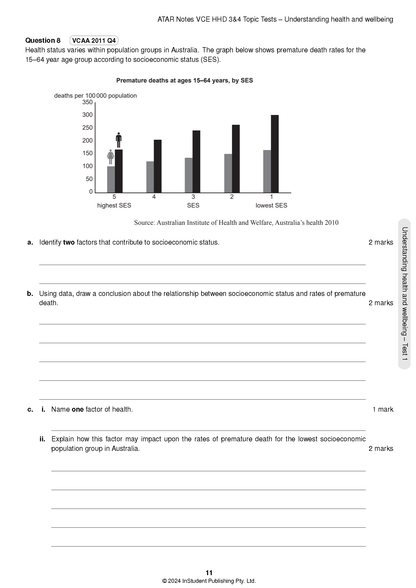 Topic tests for VCE Health and Human Development 3&4 by ATAR Notes, displaying a page with a bar graph and questions.