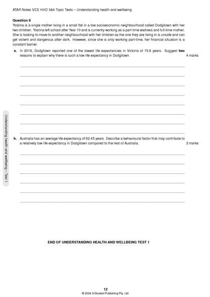 VCE Health and Human Development (HHD) 3&4 Topic Tests page by ATAR Notes, displaying Question 9 with blank lines.