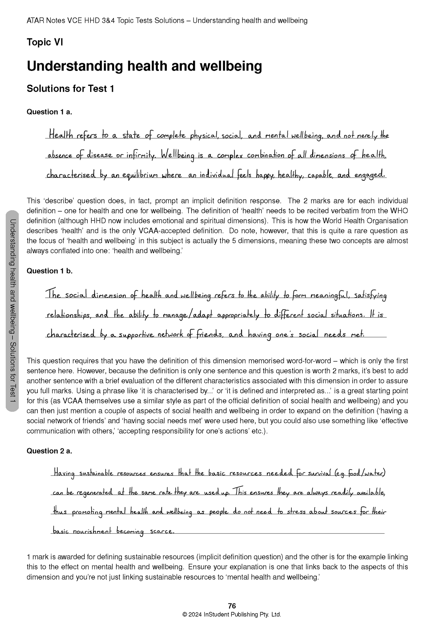 Topic Tests VCE Health and Human Development (HHD) 3&4 (2025-2027) by ATAR Notes, showing test questions and handwritten solutions on a white page.