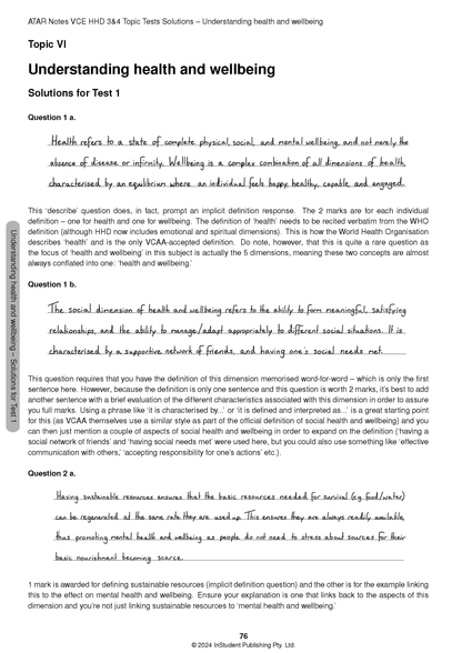 Topic Tests VCE Health and Human Development (HHD) 3&4 (2025-2027) by ATAR Notes, showing test questions and handwritten solutions on a white page.