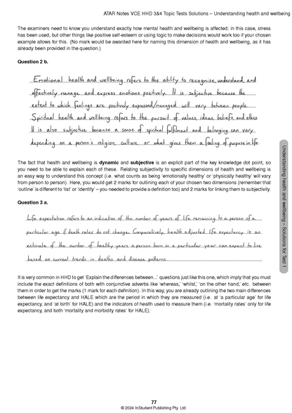 VCE Health and Human Development Topic Tests by ATAR Notes, displaying printed questions and handwritten answers, with page number 77.