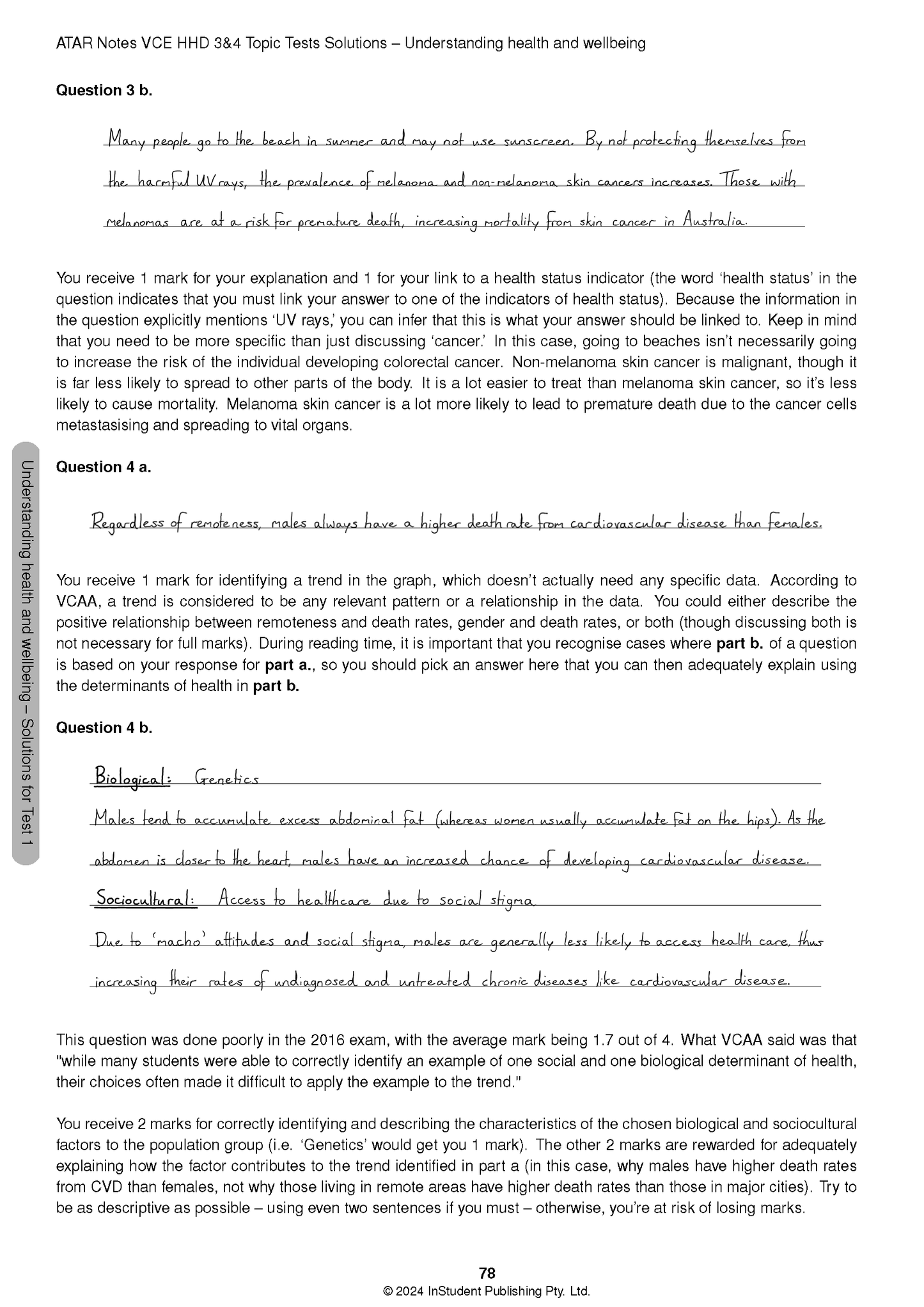 Topic Test book page by ATAR Notes, showing handwritten answers and printed explanations for HHD questions.