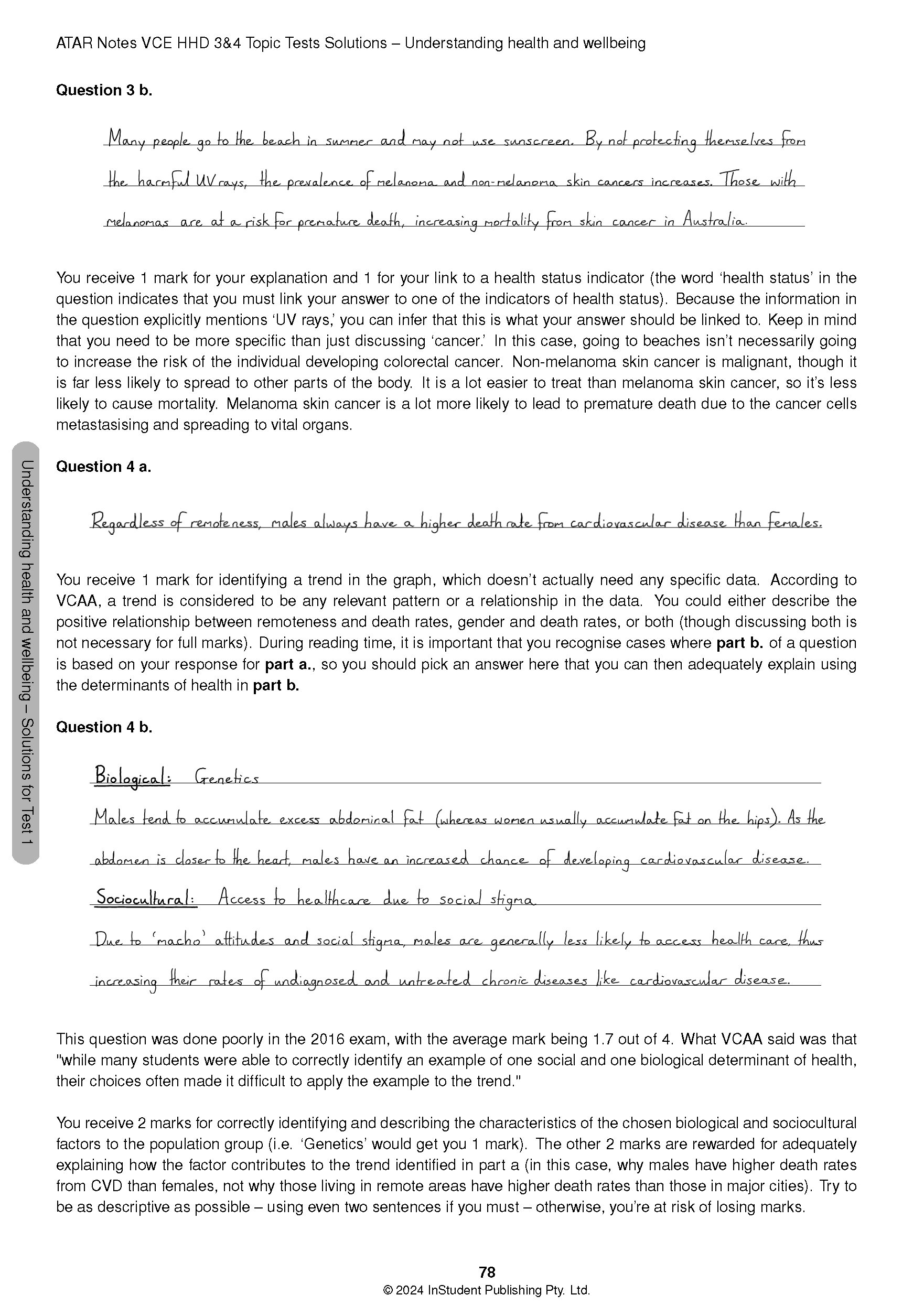 Topic Test book page by ATAR Notes, showing handwritten answers and printed explanations for HHD questions.