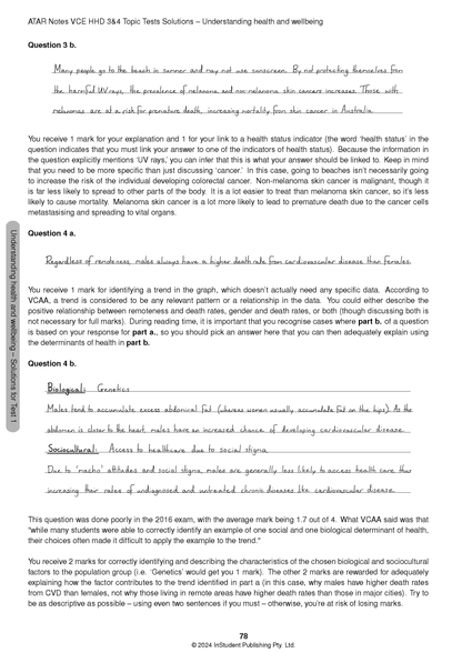 Topic Test book page by ATAR Notes, showing handwritten answers and printed explanations for HHD questions.