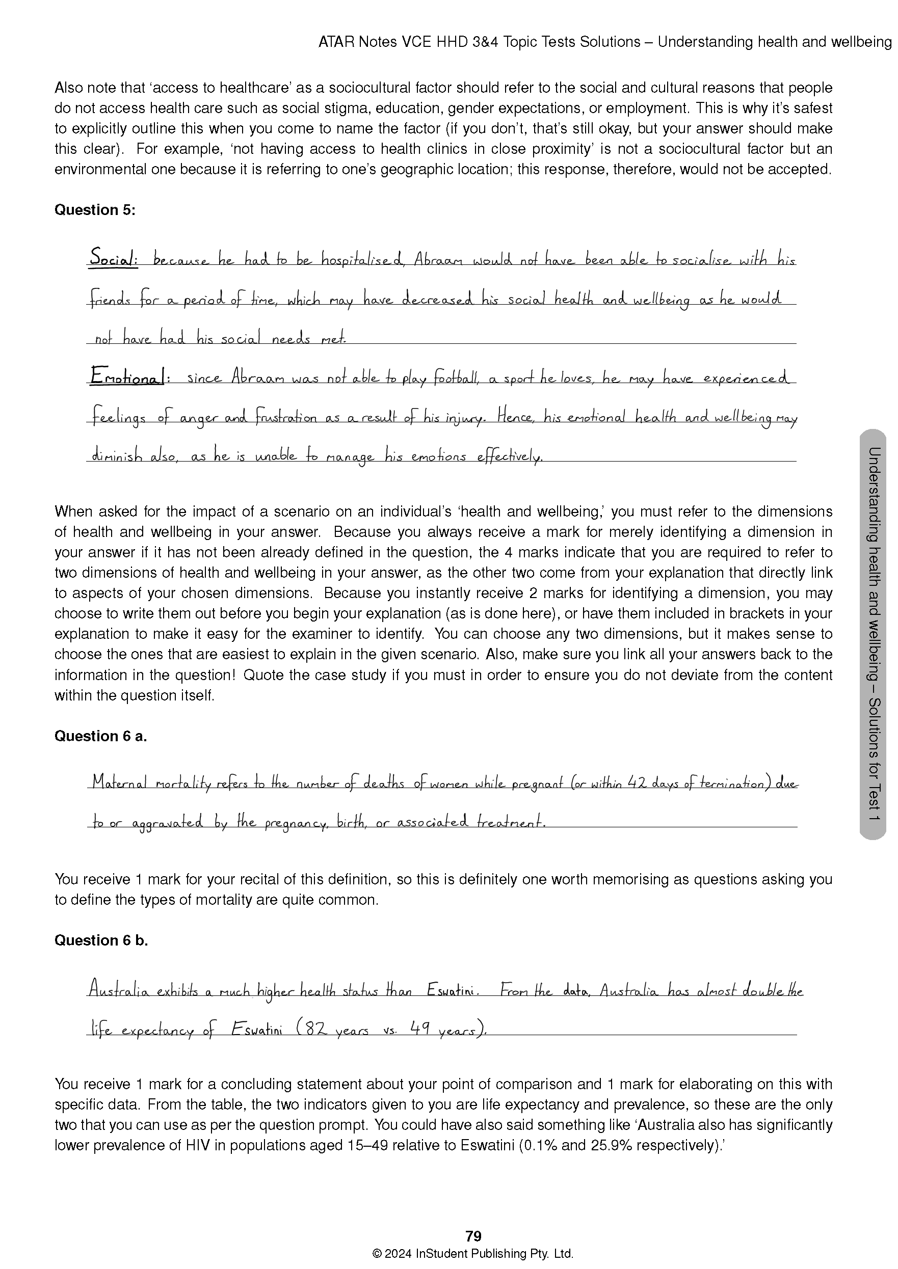 VCE Health and Human Development 3&4 Topic Tests (2025-2027) by ATAR Notes, showing a page with questions and handwritten answers.