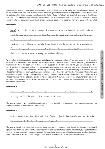 VCE Health and Human Development 3&4 Topic Tests (2025-2027) by ATAR Notes, showing a page with questions and handwritten answers.
