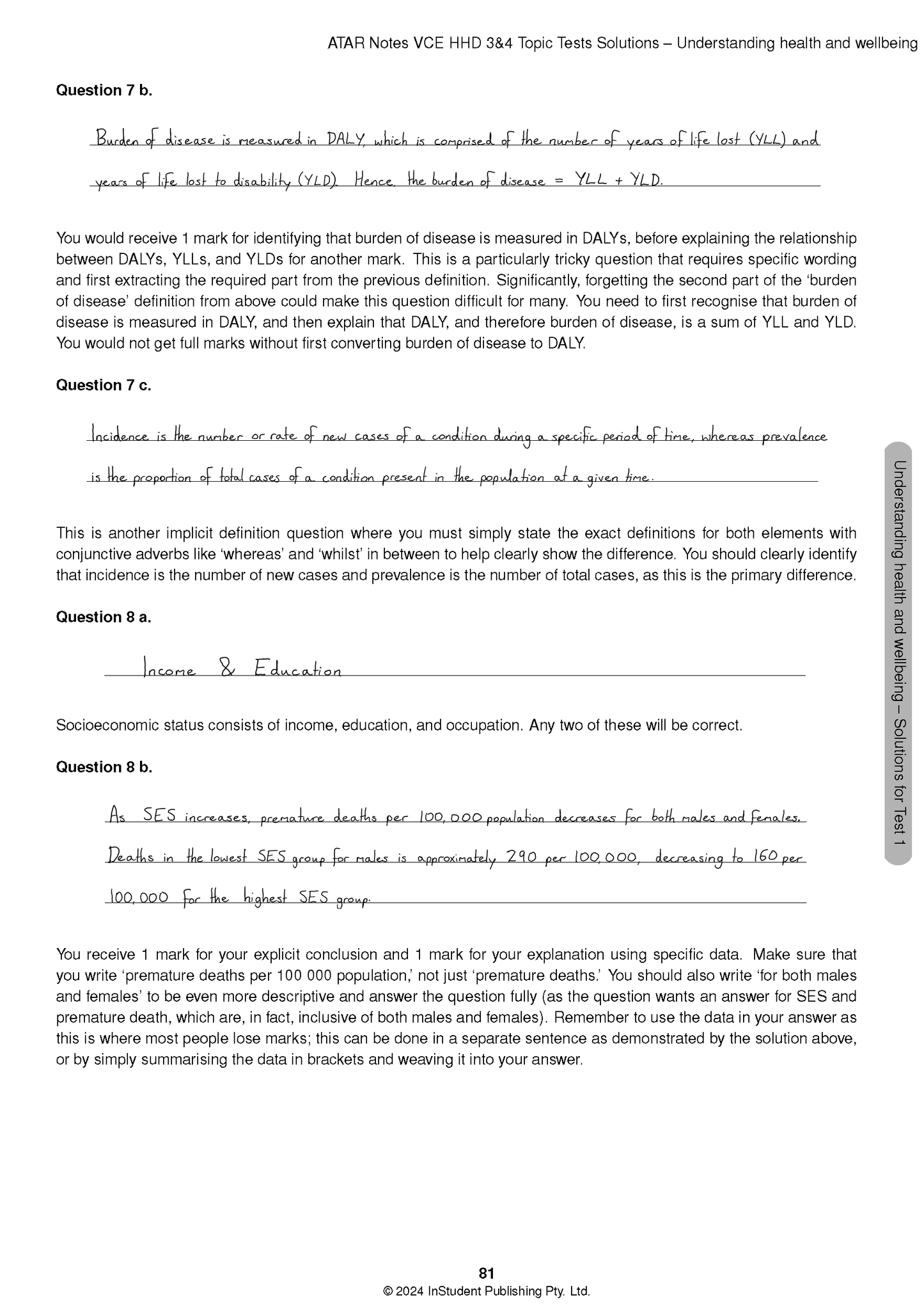 Educational Topic Tests by ATAR Notes, a page showing questions 7b, 7c, 8a, 8b with handwritten solutions.