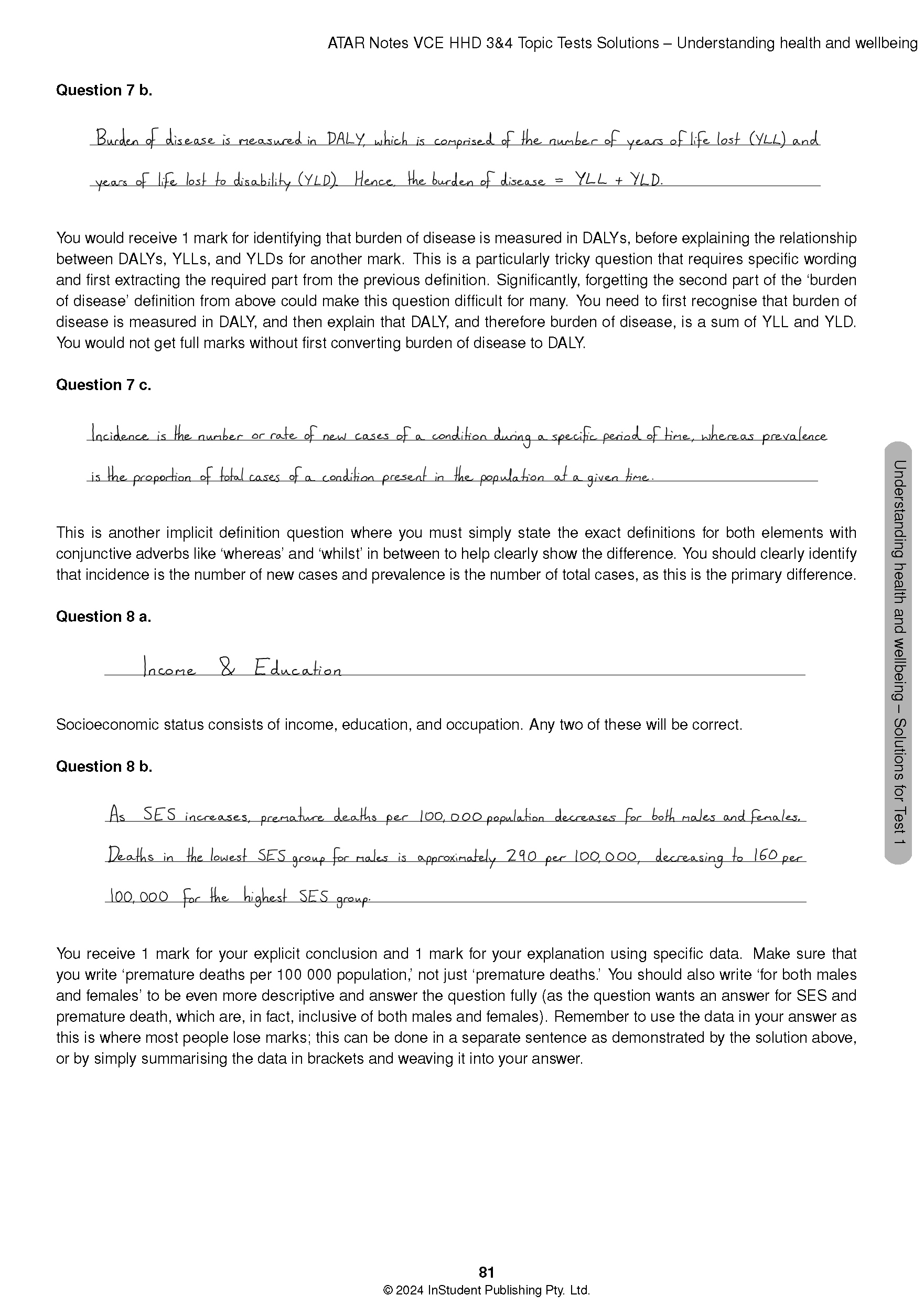 Educational Topic Tests by ATAR Notes, a page showing questions 7b, 7c, 8a, 8b with handwritten solutions.