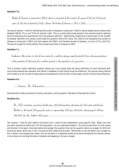 Educational Topic Tests by ATAR Notes, a page showing questions 7b, 7c, 8a, 8b with handwritten solutions.
