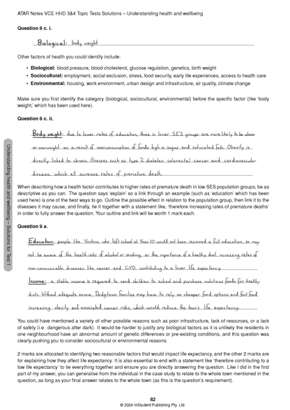 VCE Health and Human Development 3&4 Topic Tests solution page from ATAR Notes, featuring handwritten and printed text answers.
