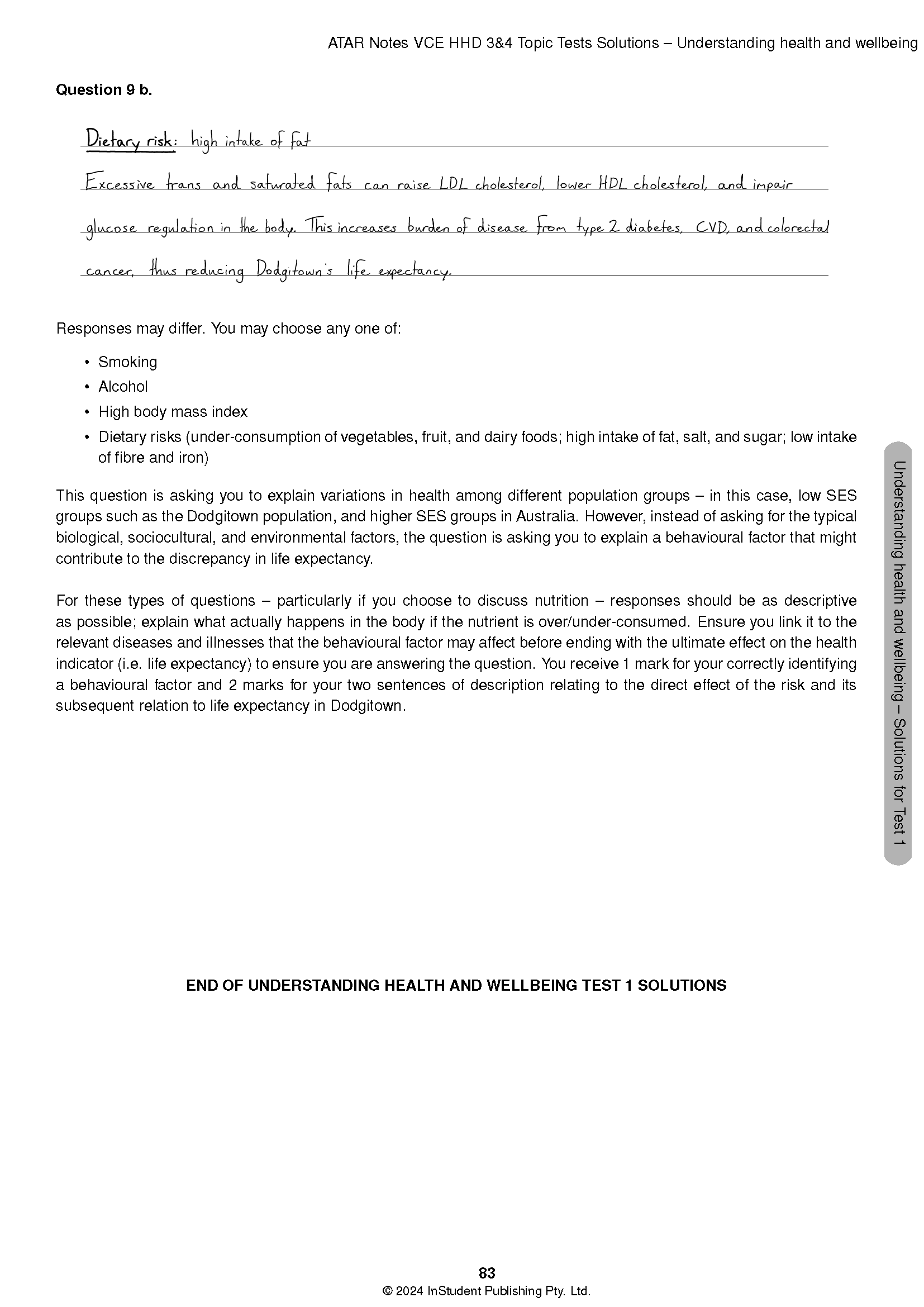 VCE HHD Topic Tests by ATAR Notes, showing a solutions page with handwritten answer on dietary risks and printed explanatory text.