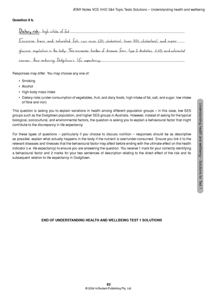VCE HHD Topic Tests by ATAR Notes, showing a solutions page with handwritten answer on dietary risks and printed explanatory text.