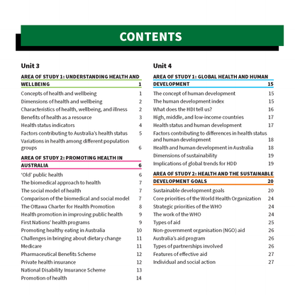 Summary Sheets by ATAR Notes featuring a table of contents for Units 3 and 4 with colored headings and page numbers.