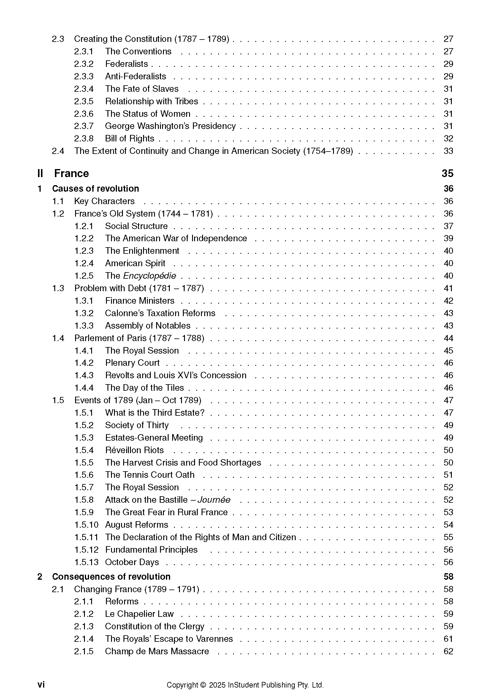 History course notes by ATAR Notes, displaying a table of contents for revolutions with sections on France and page numbers.