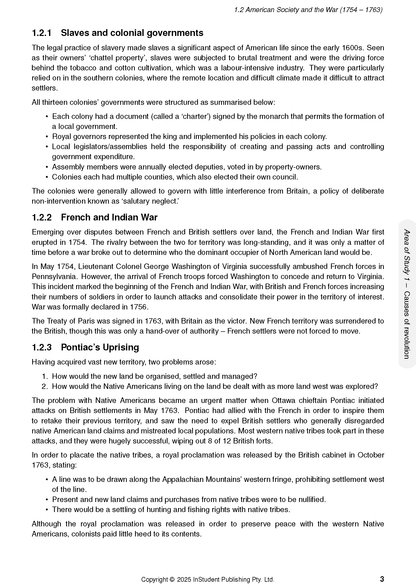 Course notes by ATAR Notes showing text on American history topics like slavery, French and Indian War, and Pontiac's Uprising.
