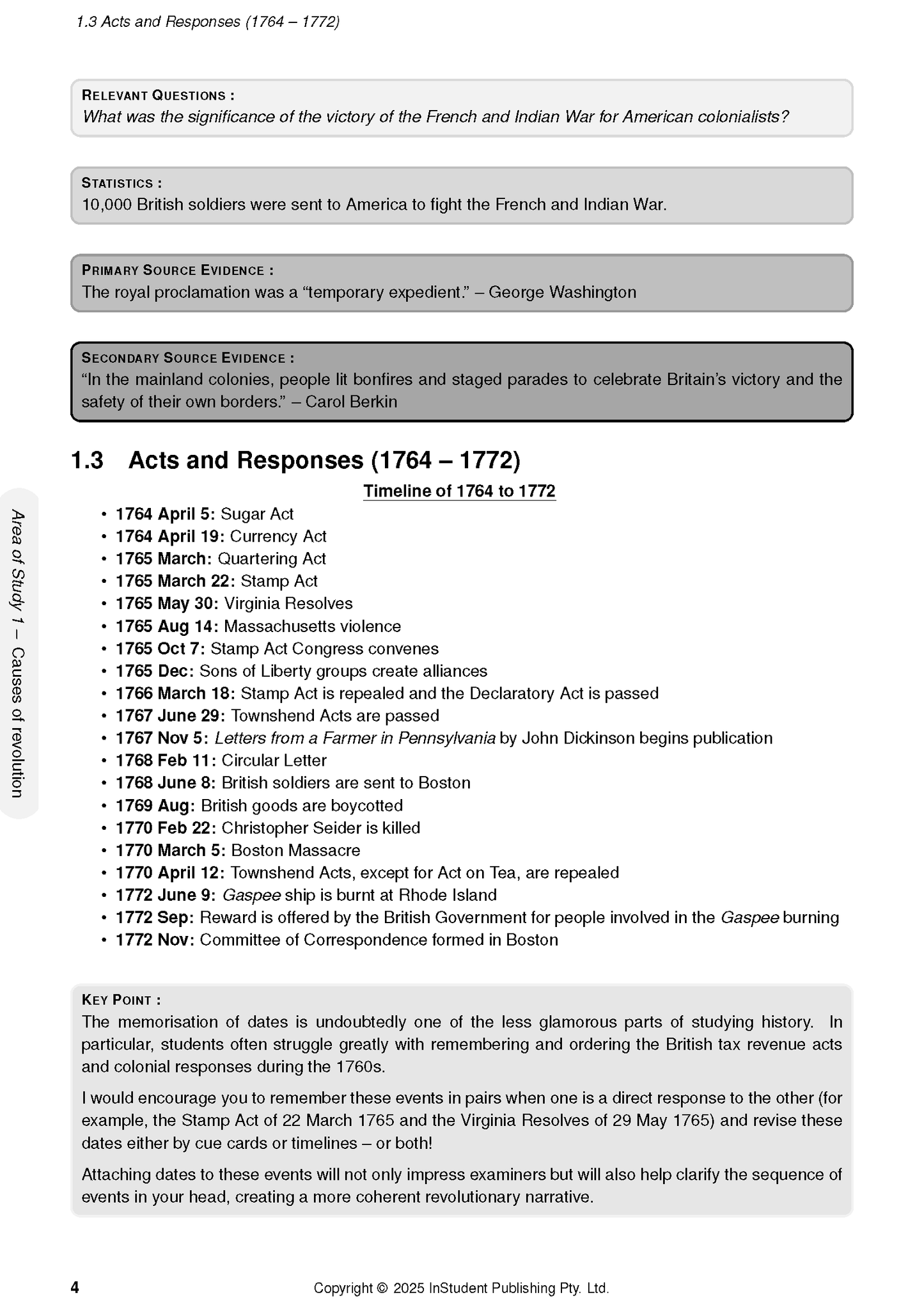 Course notes by ATAR Notes showing a page with section titles, a historical timeline, and key points in black text and grey boxes.