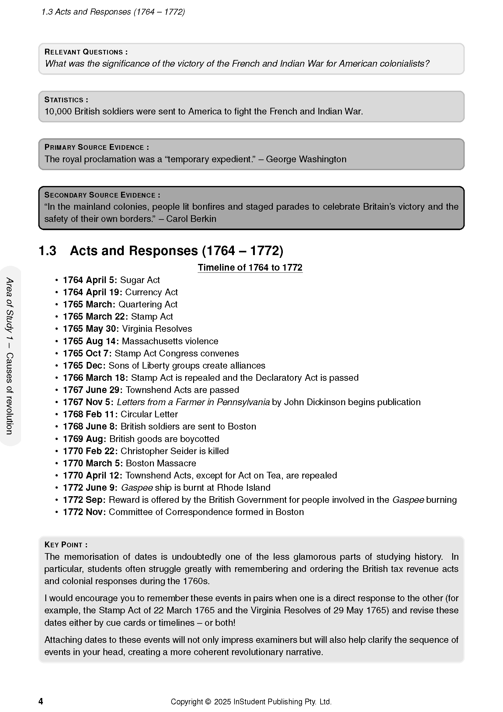 Course notes by ATAR Notes showing a page with section titles, a historical timeline, and key points in black text and grey boxes.