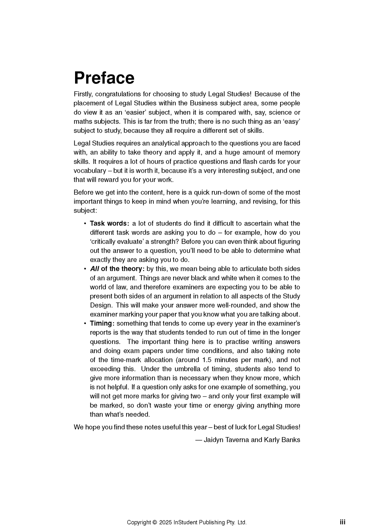 VCE Legal Studies Complete Course Notes by ATAR Notes, a white page with black text titled 'Preface' and bullet points.