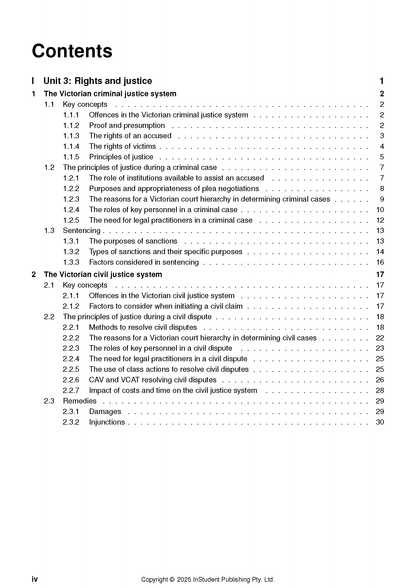 Legal Studies Course Notes displaying a table of contents page by ATAR Notes, detailing criminal and civil justice systems, with page number iv.