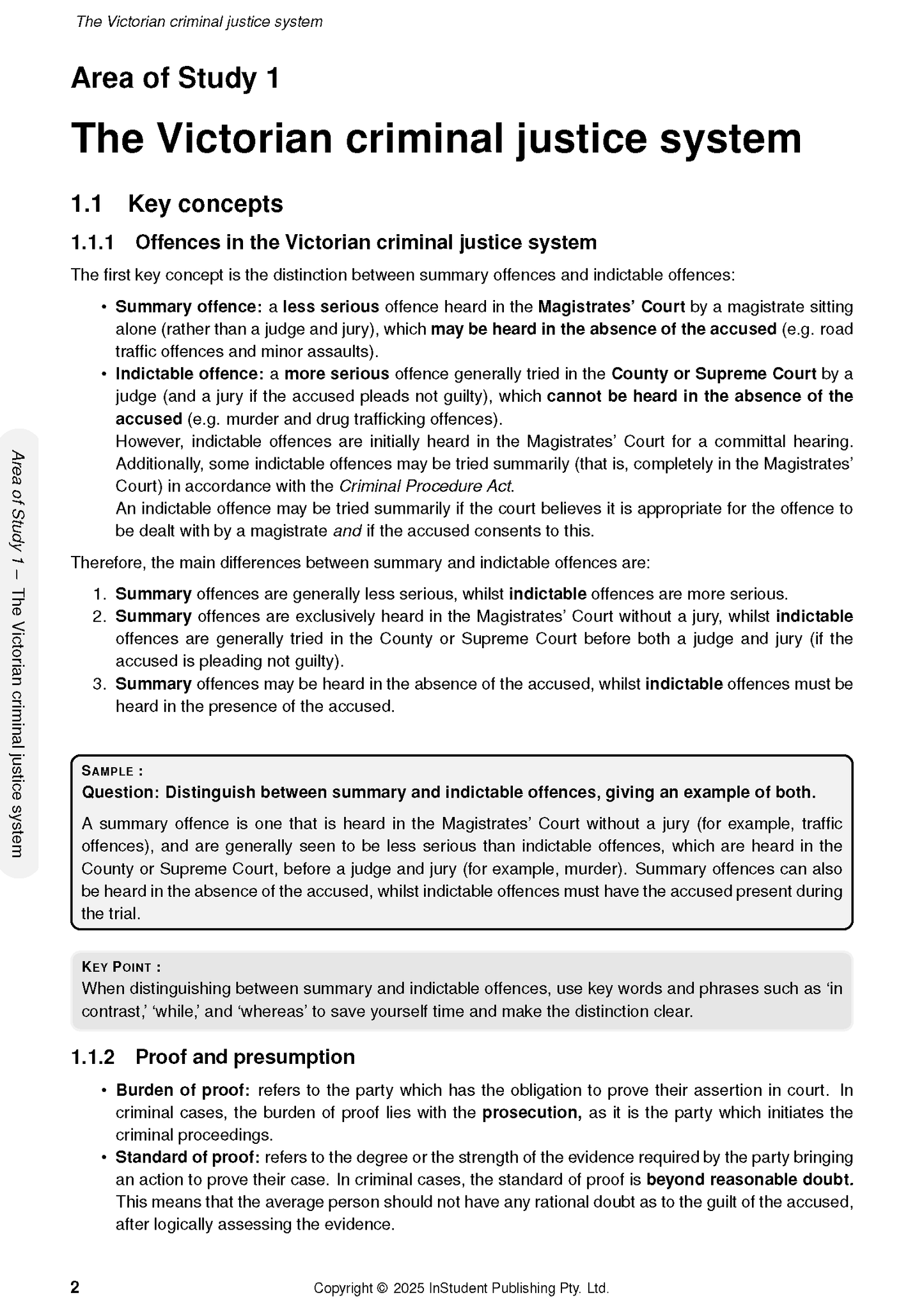 White page of VCE Legal Studies 3&4 Complete Course Notes by ATAR Notes, detailing key concepts on the Victorian criminal justice system.