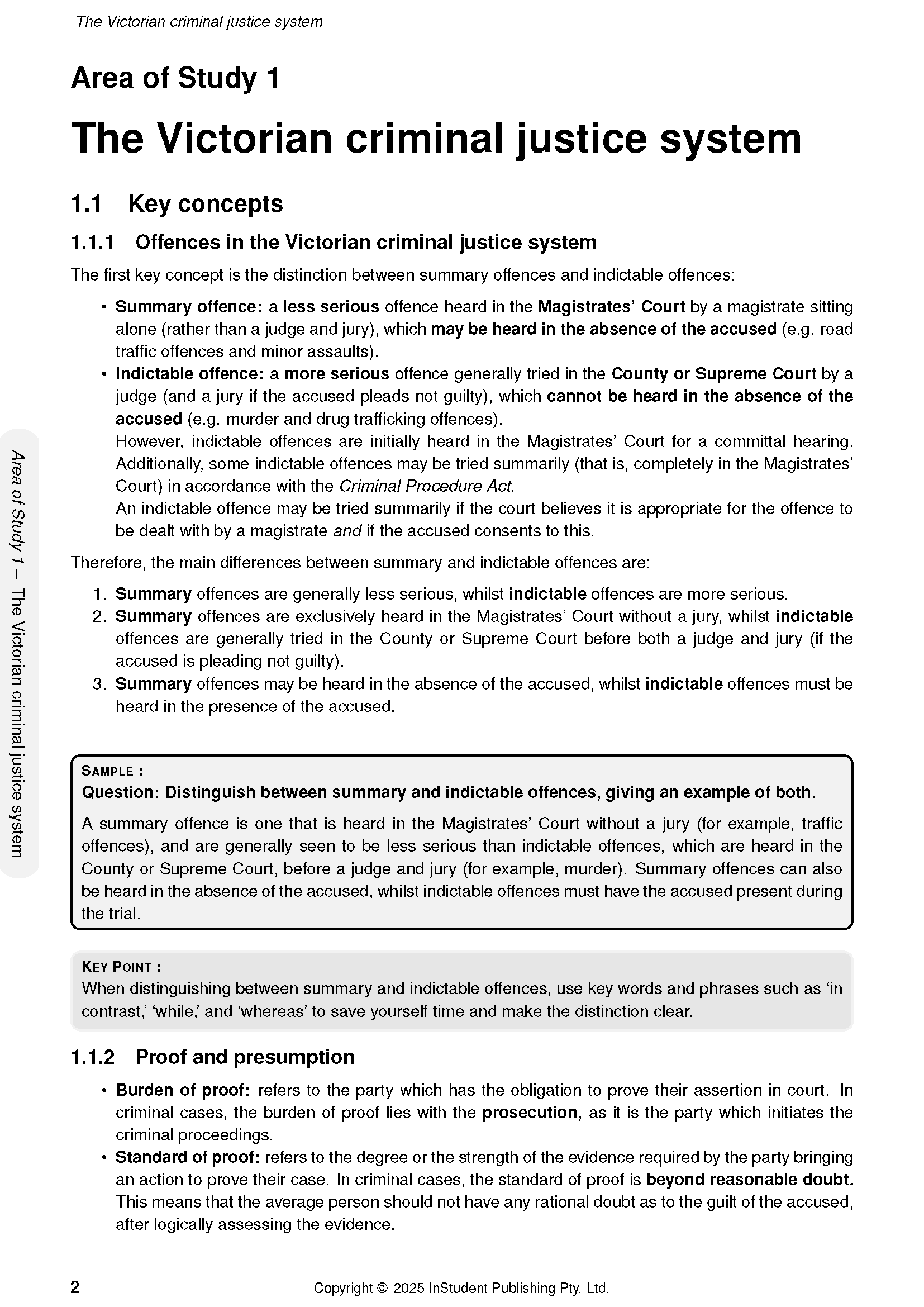 White page of VCE Legal Studies 3&4 Complete Course Notes by ATAR Notes, detailing key concepts on the Victorian criminal justice system.
