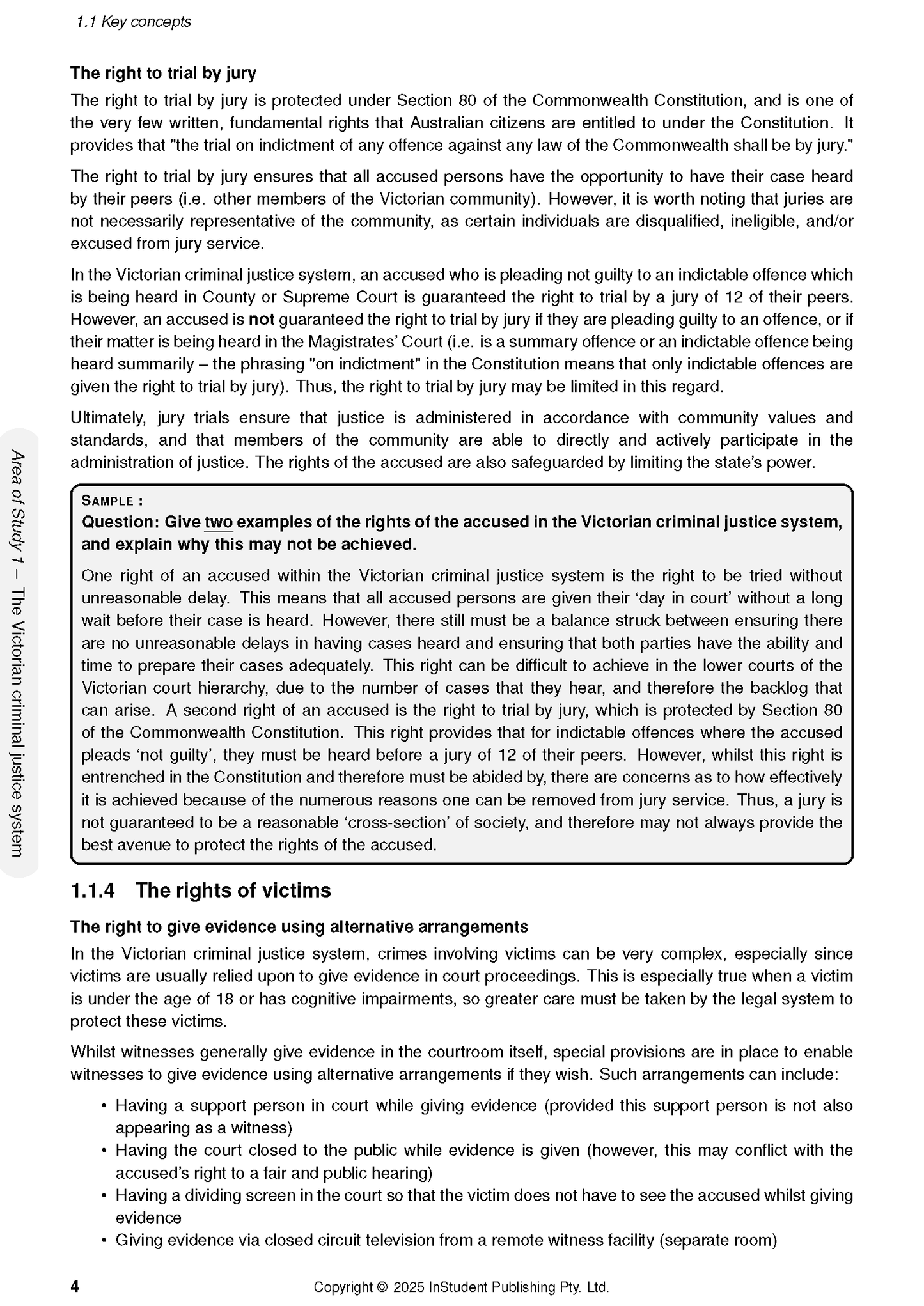 VCE Legal Studies Course Notes by ATAR Notes, displaying a page about trial by jury and victims' rights, with a sample question and sidebar.